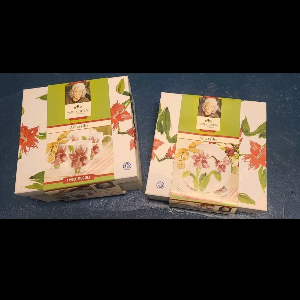 New In Box Paula Deen "Amaryllis" Pink  Flower Coffee Cups & Dessert Plate Sets